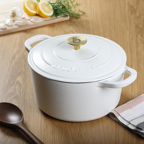 Image of Crock-Pot Artisan 5-Quart Round Dutch Oven - Matte Linen White with Gold Knob, Enameled Cast Iron Cookware