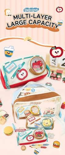 Image of Invite Cute Food Pencil Case for Kids, 4 Layer Large Capacity Pencil Pouch with 3 Compartments, Cartoon Aesthetic Stationery Organizer for School, Gift for Boys & Girls (Apple RED)
