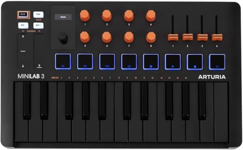 Image of Arturia MiniLab 3 - Universal MIDI Controller for Music Production, with All-in-One Software Package - 25 Keys, 8 Multi-Color Pads - White (MiniLab 3 Only, Black /Orange) | 25 Slim Velocity Keys, 16 Rgb Velocity Plus Pressure Pads, 8 Encoders, 4 Faders, USB-C and 5-Pin Midi