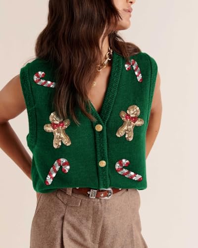 Image of Women Christmas Knit Vest Top Santa Embroidery Sleeveless Button Down Sweater Vest Xmas Snowman Cardigans Tank Top