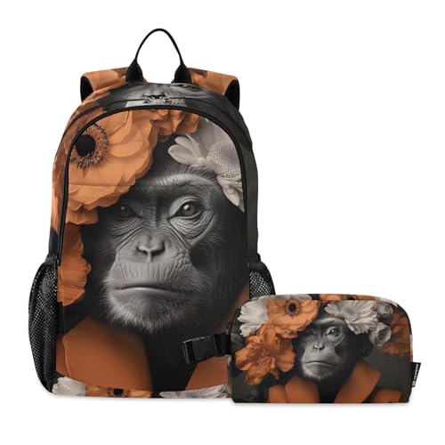 Travel Backpack Lunch Bag Set for Hiking Picnic, Backpacks with Insulated Lunch Box Monkey Floral Print