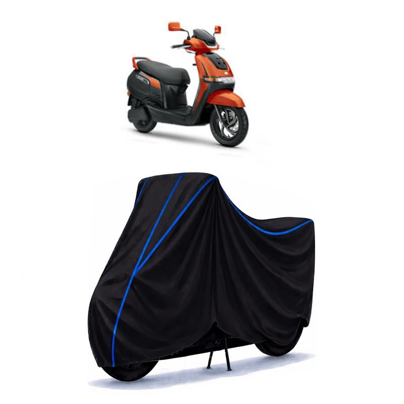 Image of Scooty Cover Water Resistant for iQube ST | Universal Scooter & Bike Cover | Heavy Duty UV Dust, Rain & Scratch Protection | Elastic Fit All Weather Indoor Outdoor | Black with Blue Piping
