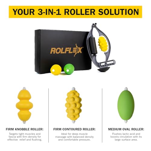 Rolflex The Massage Combo – 3-in-1 Roller for Muscles Deep Tissue with Firm Knobble, Contoured Muscle & Medium Oval Foam – Portable & Easy to Use Arm Massager & Leg Roller