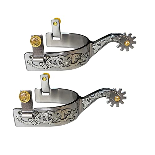UNISTRENGH Mens Western Cowboy Spurs Steel Denim Spurs German Silver Decorative Plate with Gear and Copper Cap Buckle, Sold by Pair (Silver-82mm)