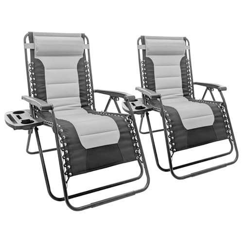 Harbour Housewares Padded Zero Gravity Chair Set with Cup and Phone Holder - 110KG Load Capacity - Grey - 2 Piece Heavy-Duty Reclining Folding Outdoor Garden Camping Patio Beach Loungers Set