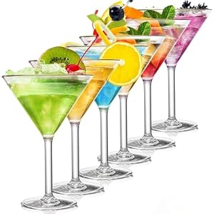 Set of 6 Unbreakable Martini Glasses, 300ml/9 Ounce Cocktail Glasses for Whiskey, Margarita, Manhattan, Holiday, Party, Reusable, Break Resistant, Clear Polycarbonate Plasticware