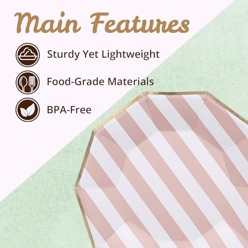 Image of Party Paper Plates, 50-Pack 9-Inch Bulk Disposable Decorative Paper Plates with Gold Decagon Trim, 6 Assorted Colors for Tea Party, Easter, Garden Party, and Bridal Showers, Gilded Pastel Stripeworks