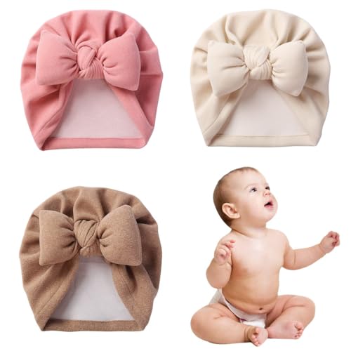 JYNXOR 3 Pièces Bonnets de Naissance Baby Bowknot Turban Chapeaux Extensibles en Coton Casquette Chaude Respirante Chapeaux Nœuds Papillons Casquettes Bonnets pour Nouveau-Né Bébés Fille Garçon