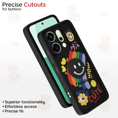 Image of Pikkme Back Cover for Oppo Reno 14 5G | Soft Silicone| Cute Rainbow Smile & 3D Cartoon Flower Design | Shockproof Raised Camera Protection Bumper Case (Black)