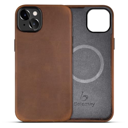 Belemay Compatible with iPhone 15 Leather Case Magsafe - Top Grain Vintage Crazy Horse Leather - Metal Buttons & Camera Bezel Bump - Slim Fit & Soft Feel - Premium Phone Cover (6.1-inch) Retro Brown