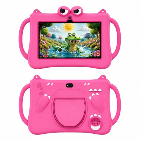 Telzeal P604 Kids Tablet 7 Inch HD Display 6GB RAM 256GB ROM Android 13 3000mAh Battery 5G WiFi Dual Camera Shockproof Protective Case with Handle (Pink)