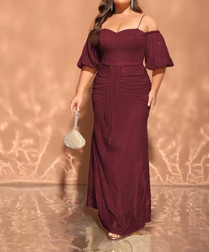 Image of Women's Plus Size Off The Shoulder Puff Sleeve Dress Sequin Formal Maxi Evening Cocktail Party Gowns