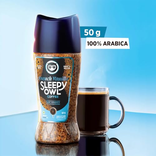 Sleepy Owl 50gm French Vanilla Premium Instant Coffee | 100% Arabica | Makes 25 Cups | Sweet & Mellow Flavoured Coffee | Make Café Style Hot or Cold Coffee, Cappuccino, Espresso, Latte at Home