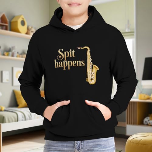 Kids Saxophone Spit Happens Funny Saxophone Gifts Boys Girls Lightweight Kangaroo Pocket Fleece Hoodies 6