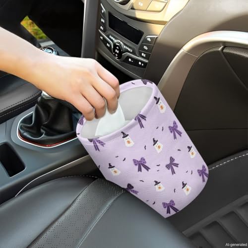 Image of Halloween Cute Ghost Bow Print Car Trash Can,Waterproof Garbage Bin, Universal Hanging Cars Garbage Can Cars Interior Accessories Most Vehicle SUV Truck