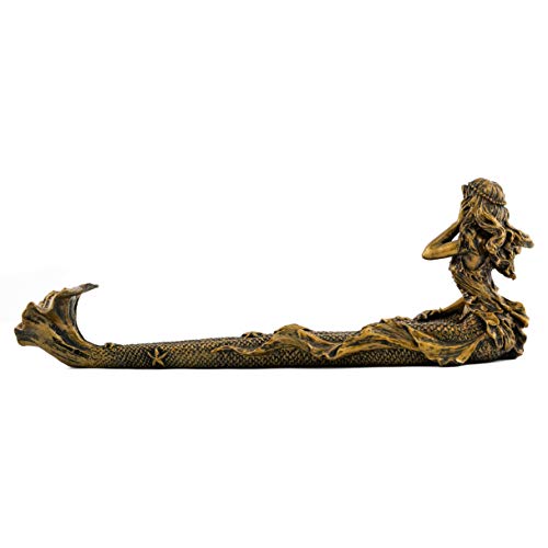 Top Collection Beach Mermaid Incense Holder Statue - Hand Painted Beautiful Mythical Creature With Bronze Antique Finish Look- 9-Inch Long Fragrance Incense Burner Figurine #TOP1