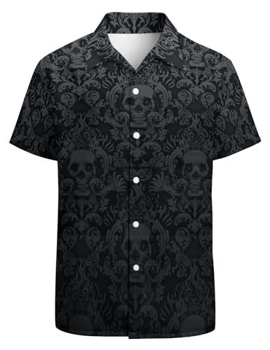 GADZILLE Hawaii-Hemd für Herren, lässiges Button-Down-Shirt, kurzärmelig, Aloha-Strand-Shirt, Partyhemd, Schwarzer Totenkopf, XL