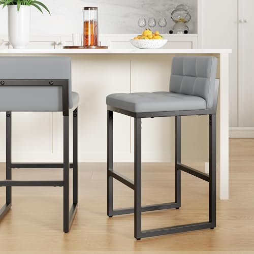 Image of Bar Stools, Modern Counter Height Bar Stools with Back, 24 inch Light Grey