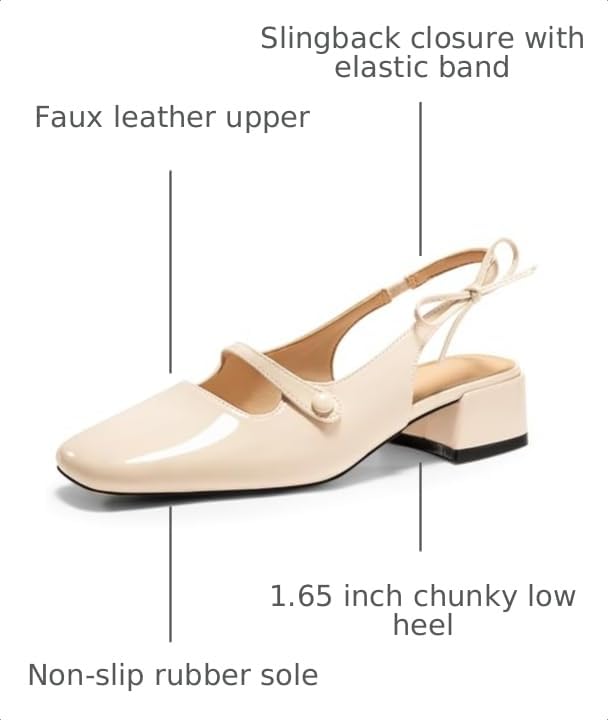 Image of Coutgo Womens Mary Jane Shoes Slingback Chunky Low Heels Bow Closed Square Toe Pumps Wedding Party Dress Shoes