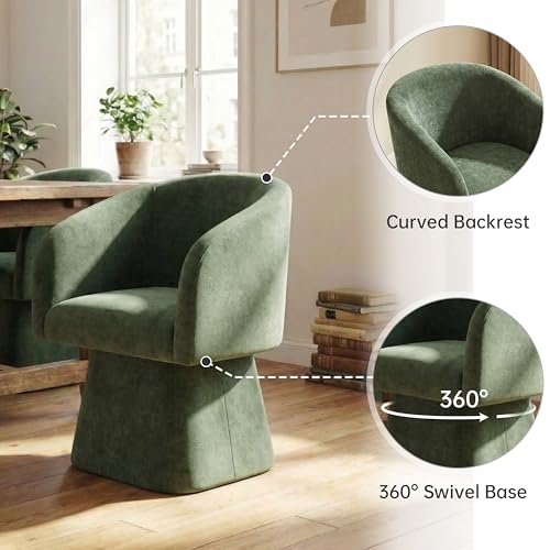 Image of VKNOW Upholstered Swivel Dining Chair with Barrel Back and Armrests | Modern Accent Arm Chair with Thickened Cushion, Soft Chenille Fabric, for Dining Room, Living Room, Vanity, Green