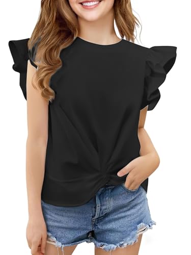 Image of Girls Ruffle Short Sleeve Blouse Twist Front Shirt Summer Crewneck Casual Tops Black 5-6 Years