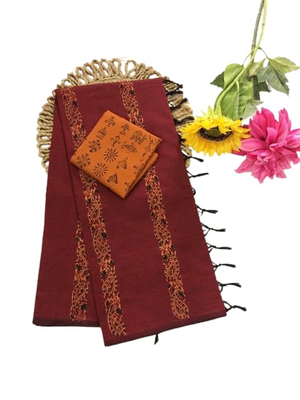 Graceful Block Printed South Cotton Mix Saree with Designer Kalamkari Blouse-picture-46