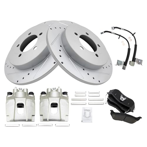 Image of TRQ Performance Rear Brake Pad and Rotor Set Ceramic Slotted Drilled Coated Rotors Calipers Compatible with 2006-2010 Ford Explorer 2007-2010 Explorer Sport Trac Mercury Mountaineer
