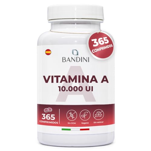 Bandini® Vitamina A Pura 10.000 U.I. (3000 µg), 365 Comprimidos de Acetato de Retinilo Vegano y Sin OGM para 1 Año, Ayuda a Mantener una Piel y Vista Normales, Alternativa a las Cápsulas y Gotas