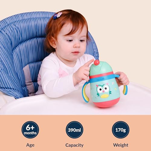 Image of rabitat Gravity EasyFlow Stainless Steel Sippy Cup 390 ml | 2 Years Brand Warranty | Leak Proof | BPA Free Soft Silicone Straw | Sippy Cup for Kids with Weighted Straw, Sky Hoot