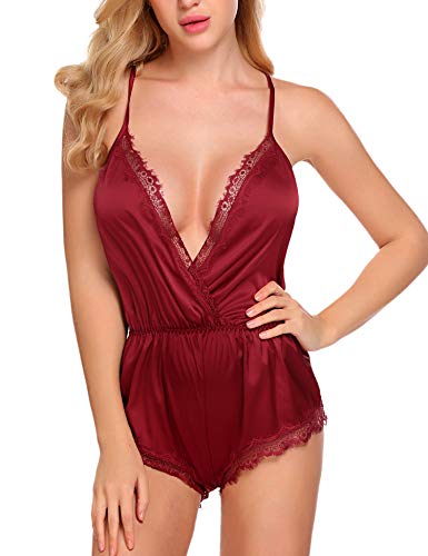 image for ADOME Satin Lingerie Women Lingerie Bodysuit V Neck Teddy Lace Babydol