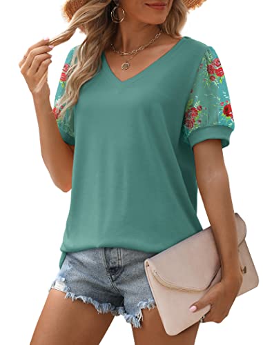 Image of Aokosor Womens Summer Tops V Neck T Shirts Swiss Dot Puff Sleeve Tops Loose Casual Tshirts