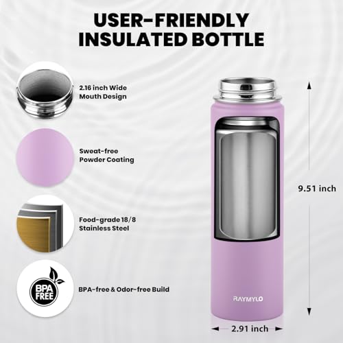 Image of RAYMYLO Insulated Water Bottle 20 oz, Triple Wall Vacuum Stainless Steel (Cold for 24Hrs, Hot for 12Hrs), Leak Proof & Non-BPA, Modern Water Bottle Jug for School with Straw Spout Lids