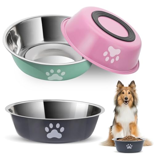 Hundenapf Edelstahl, 3 Stück Hund Napf Futternapf Wassernapf Hundeschüssel Fressnapf Set mit Rutschfestem Gummi für Kleine Hunde Katzen (860ml)