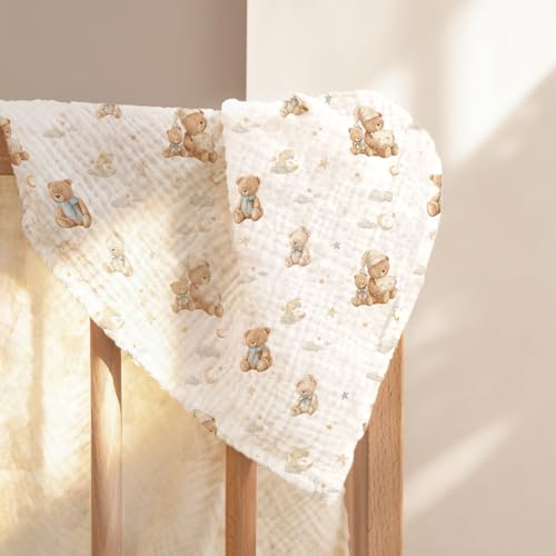 Image of lulumoon Muslin Swaddle Blankets for Baby: Soft Cotton Newborn Receiving Blankets - Plaid Print Nursery Gift Set for Baby Girls(Bear)