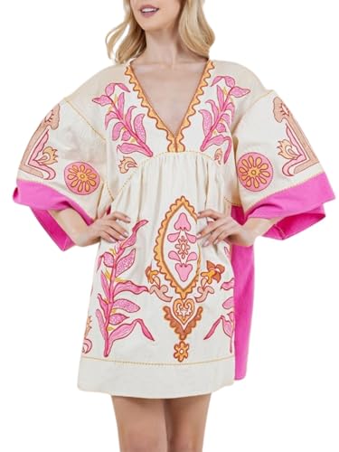Image of Joiemont Womens Oversized Embroidered Dress with V-Neck and 3 /4 Sleeves Vintage Embroidery Babydoll Dress