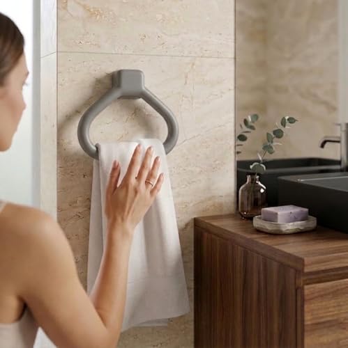 Image of Branco Modern Wall Mounted Towel Ring Holder | Self Adhesive Towel Ring for Bathroom | Premium Plastic Bathroom Hand Towel Hanger, Durable & Rust-Free, Easy Installation (Metallic Grey)