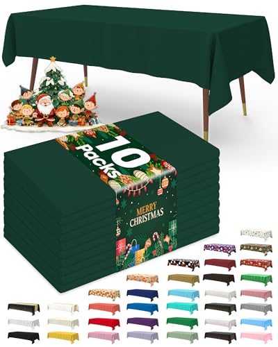 Image of Pureegg Plastic Table Cloth Disposable 10 Pack, 54 x 108 Inch Table Cloths, St Patricks Day, Christmas Decorations, Drak Green Tablecloths, Rectangle, Plastic Cover, Leakproof & Sturdy, Emerald Green