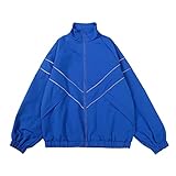 Minetom Damen Patchwork Farbblock Oversize Hip Hop Jacke Teenager Mädchen Mantel Sport Übergangsjacke Windbreaker College Jacke Sweatjacke D Blau S