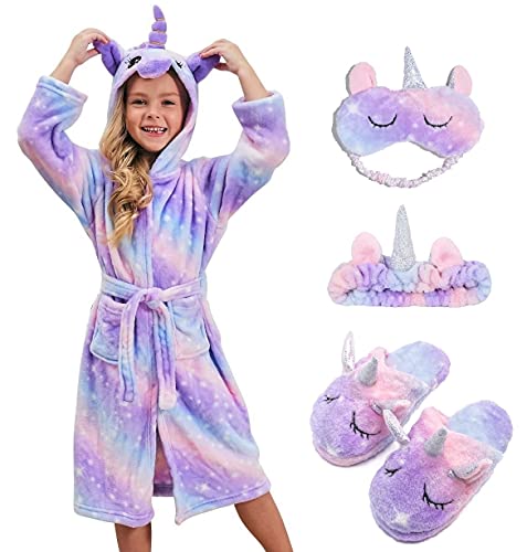 Chetosho Soft Unicorn Hooded Robe With Matching Slippers Headband And Blindfold For Girls - Purple Stars 5-6 Years #TOP3