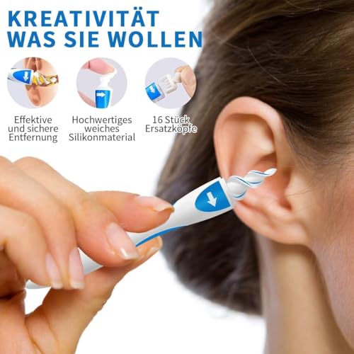 Ohrenschmalz Entferner,Q Grips Ohrenreiniger,Sicheres und Weiches 360 Grad Spirale Silikon Ear Cleaning Kit Mit 16 Sicheres Ersatzköpfen,Verbesserte Version für Erwachsene und Kinder