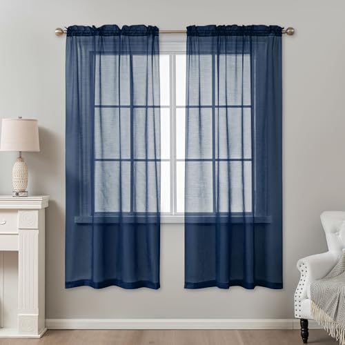 Image of Navy Blue Sheer Curtains 72 Inches Long, Privacy Semi Sheer Curtains for Living Room Bedroom, Light Filtering Rod Pocket Voile Window Drapes 2 Panels Set, Each 42 inch W x 72 inch L