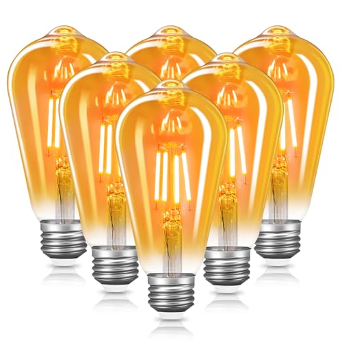 Amdenkyu Edison Vintage Glühbirne E27, 6 Stück Retro E27 LED Warmweiss Lampe leuchtmittel e27 Glühbirne, Antike LED Birne, Dekorative Beleuchtung, Bernsteinfarbenes Glas