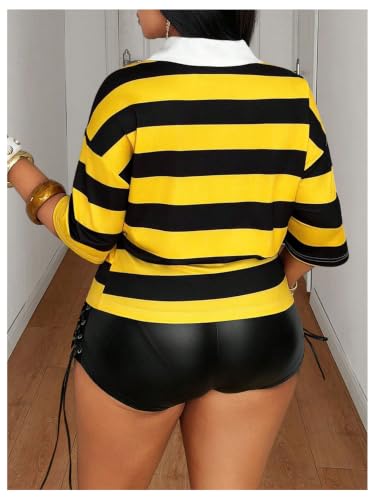 Image of RoseSeek Women's Letter Striped Crop Tops Collared Cinched Waisted T Shirts