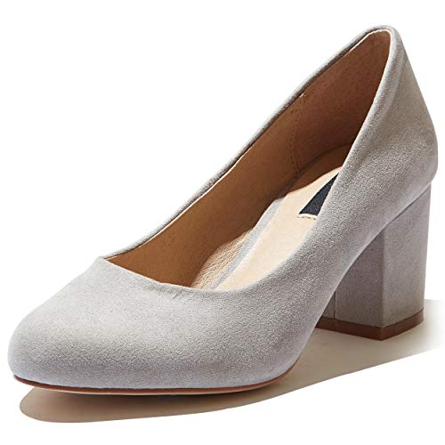 DailyShoes Women's Short Chunky Round Slip on Classic High Heels Pumps Pointed Toe Party Wedding Dress Stilettos, Grey SV, 6.5 B(M) US