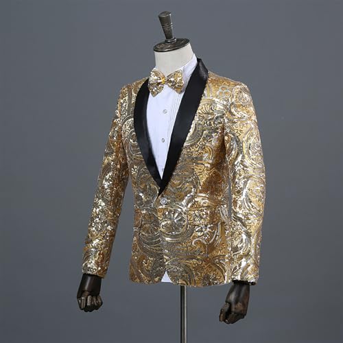 Mens Long Sleeve Slim Fit Sequin Blazers, Fashion One Button Lapel Prom Party Sparkly Suit Jackets with Bow Tie4