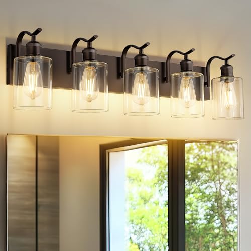 Image of 5 Light Bathroom Vanity Light, Morden Bath Lights Over Mirror Oil Rubbed Bronze Bathroom Sconce Lights with Clear Glass Shade ZCVL01ORB-5