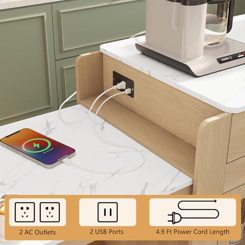 Image of HLR 72 inch Extendable Rolling Kitchen Island with Storage, Island Table on Wheels with Marble Grain Countertop & Power Outlet, Portable Island Cart with Cabinets, Drawers and Shelves, Wood