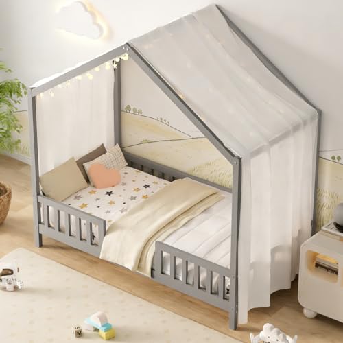 Image of Bellemave Twin House BedFrame with Canopy, Montessori Floor Bed, House Bed with Rails for Kids, Gray