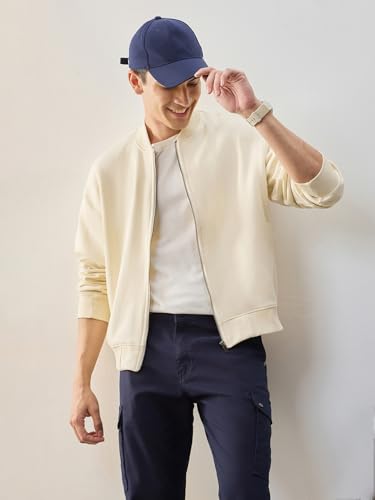 Image of Nobero Men's Premium Fleece Bomber Jacket | 280 GSM Fabric | Regular Fit Zip-Up Outerwear | Shirt Collar | Ribbed Cuffs & Hem | Casual Winter Layering Jacket