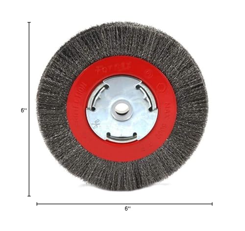 Image of Forney 72751 6-Inch Wire Bench Wheel Brush | Features narrow face fine crimped wire with 1 /2-inch and 5 /8-inch arbors. Ideal for surface prep and rust removal.
